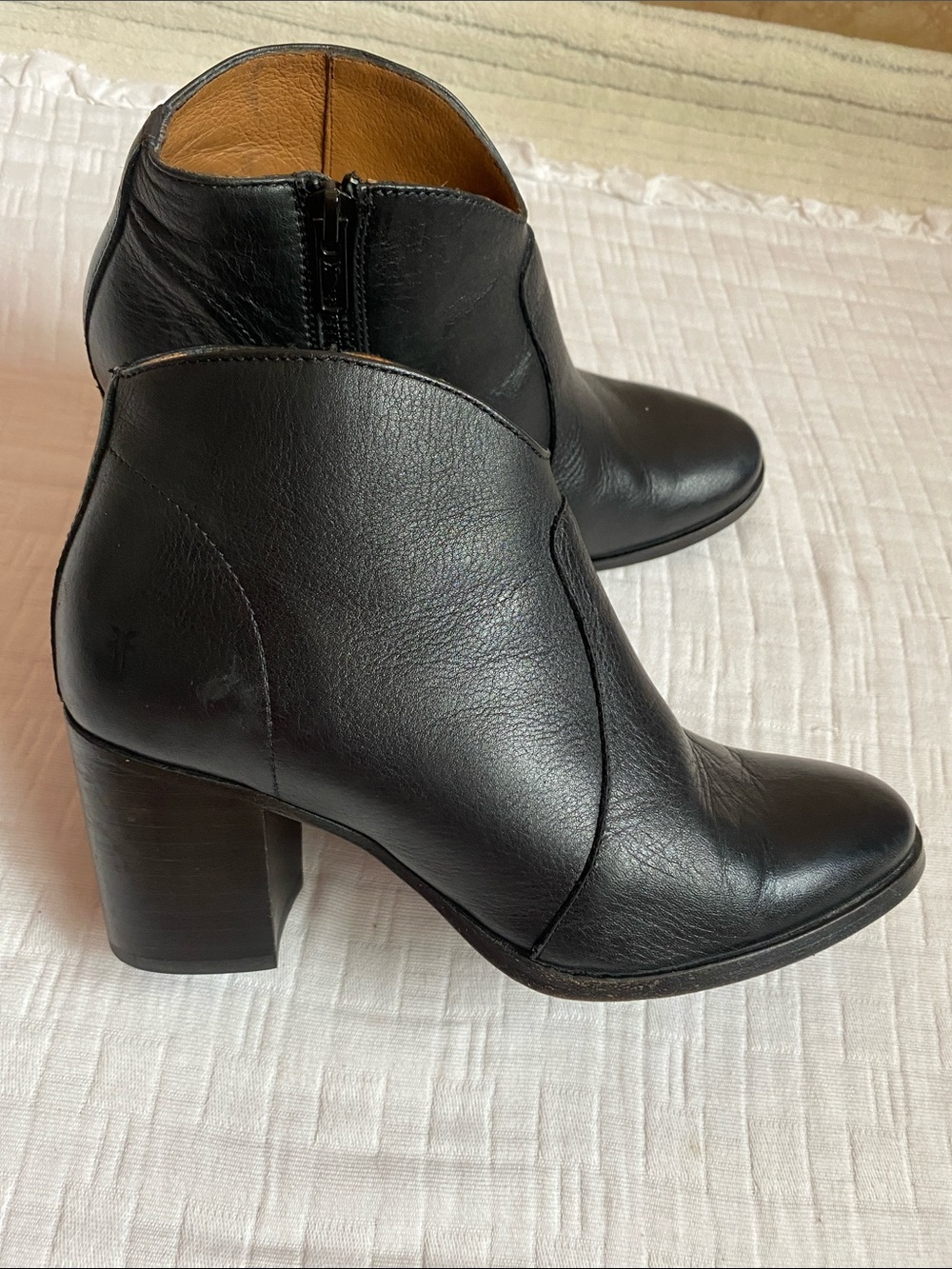 FRYE Black Leather Ankle Booties with Block Heel